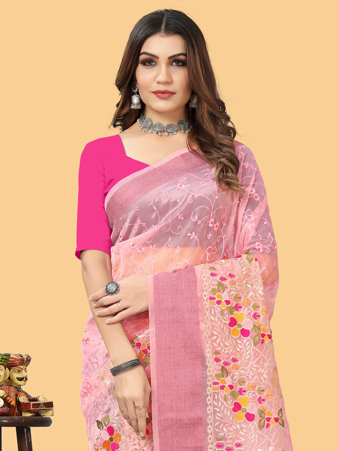 Sangria Pink & White Floral Embroidered Zari Organza Bagh Sarees - Distacart