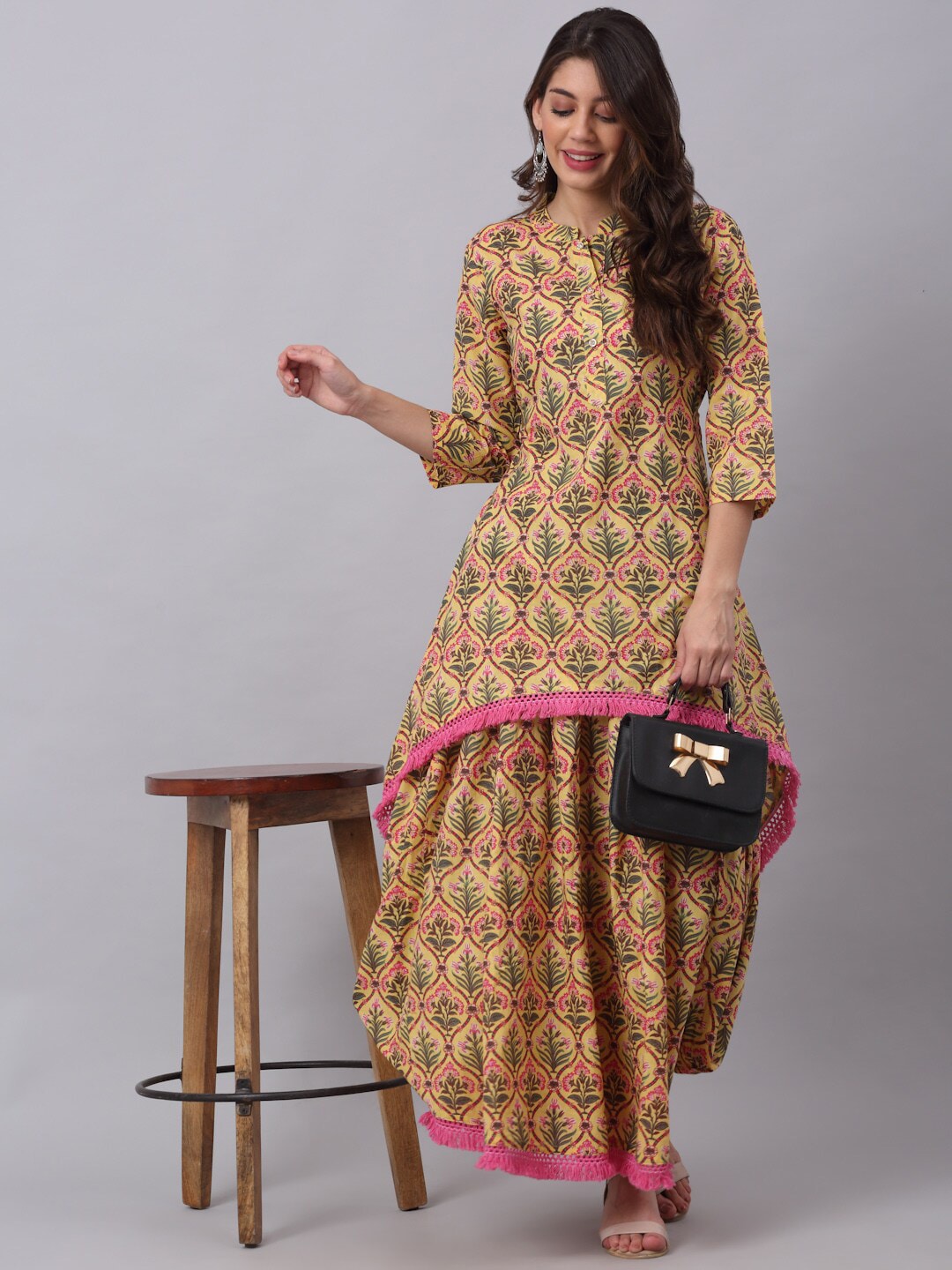 Kalini Women Yellow & Green Ethnic Motifs Printed Pure Cotton Kurta with Skirt - Distacart