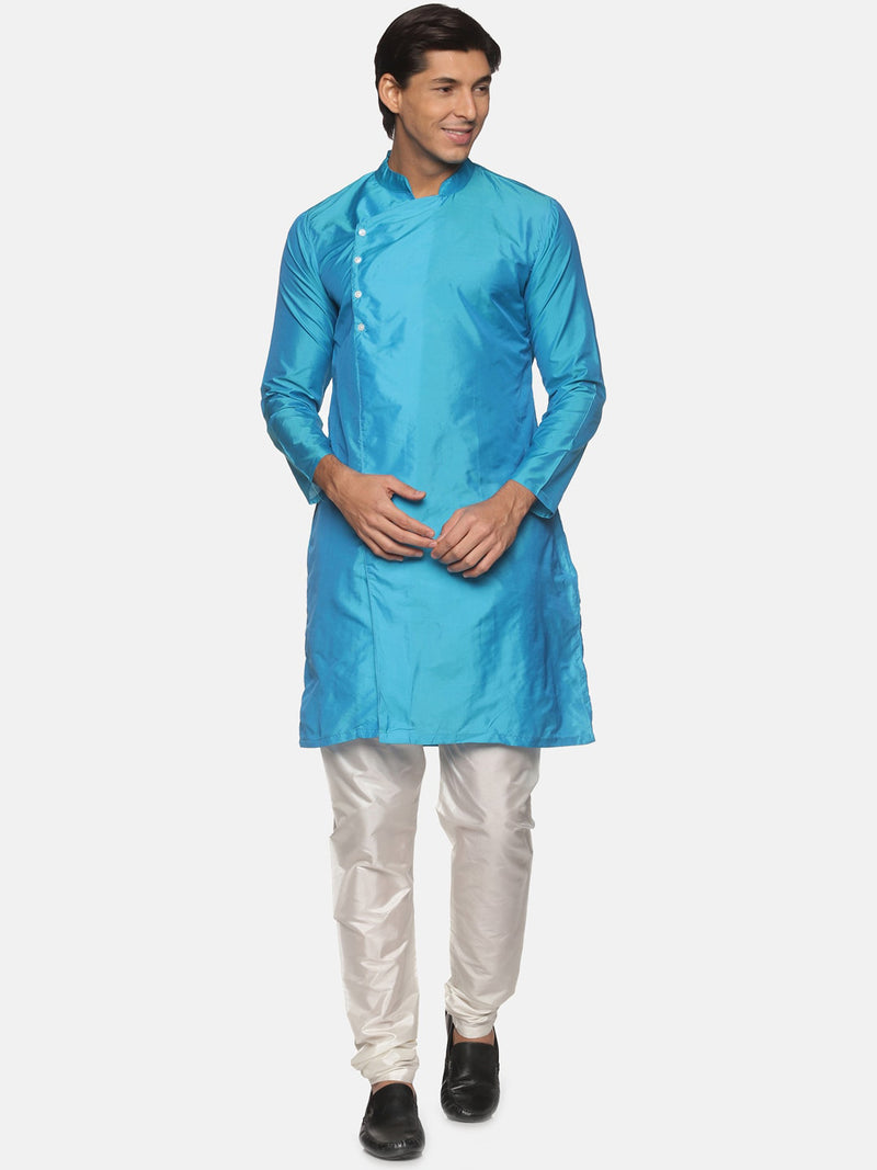Sethukrishna Men Turquoise Blue Angrakha Kurta with Trousers - Distacart