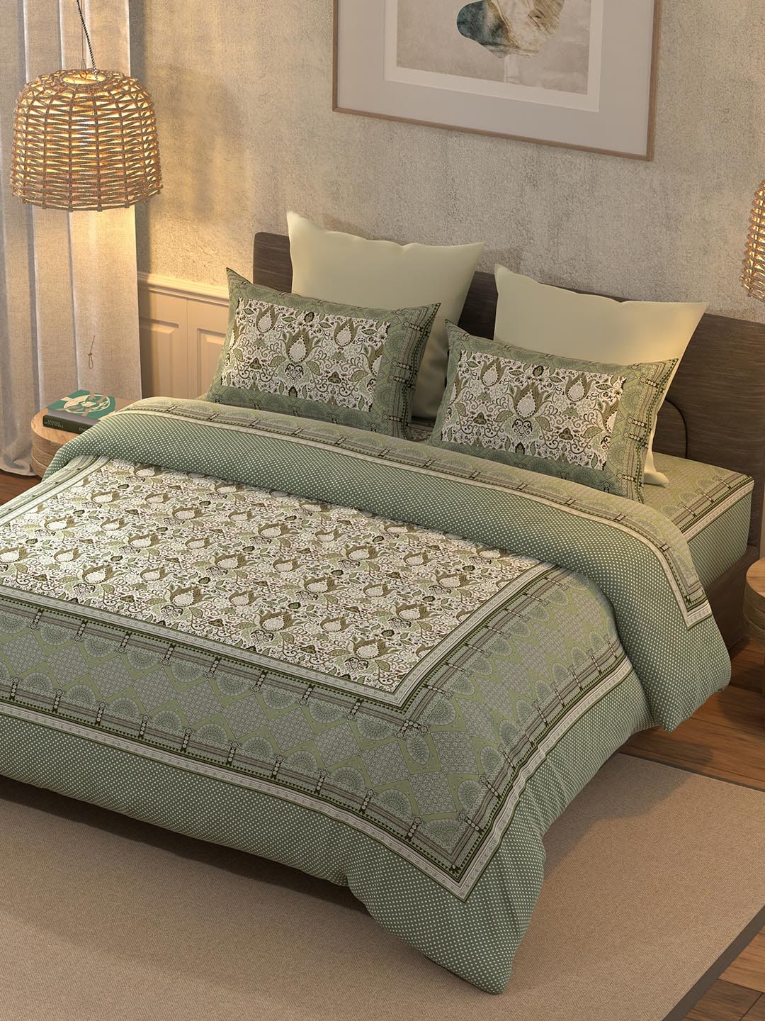 BELLA CASA Teal & Off White Printed 350 TC King Pure Cotton 2 Pillow Covers Bedsheet - Distacart