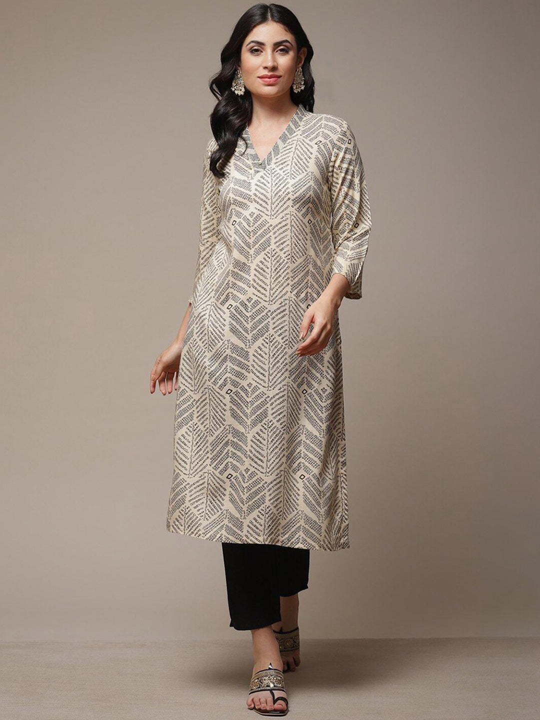 Biba Ethnic Motifs Printed Thread Work V-Neck Kurta - Distacart
