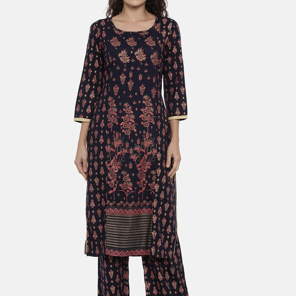 Souchii Navy Blue & Pink Printed Kurta with Palazzos - Distacart