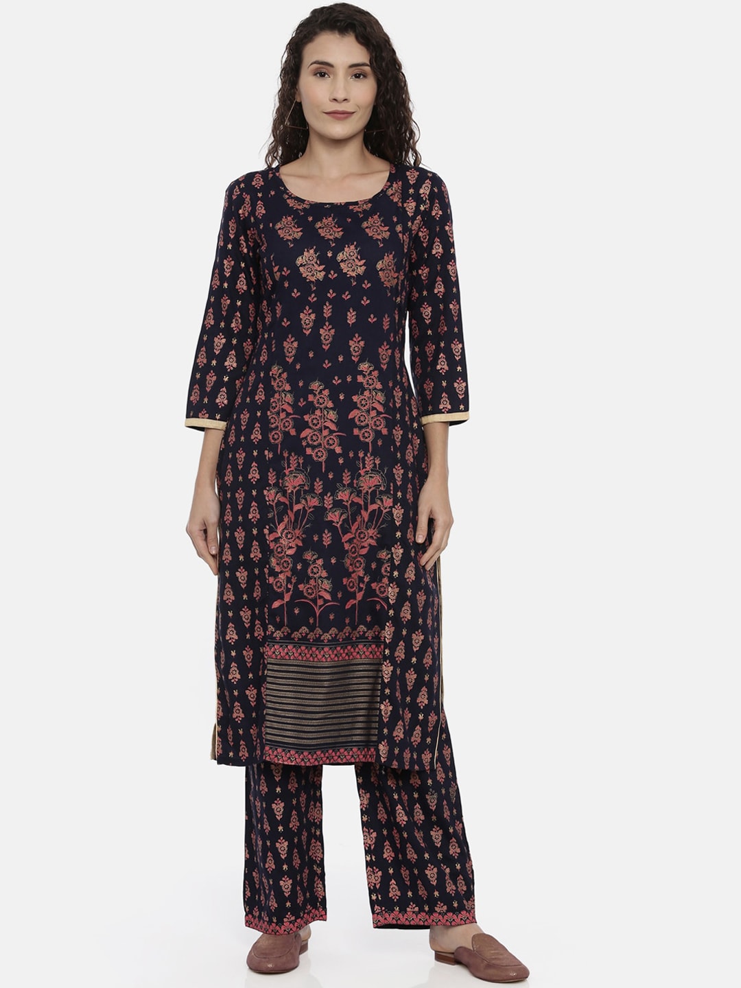 Souchii Navy Blue & Pink Printed Kurta with Palazzos - Distacart
