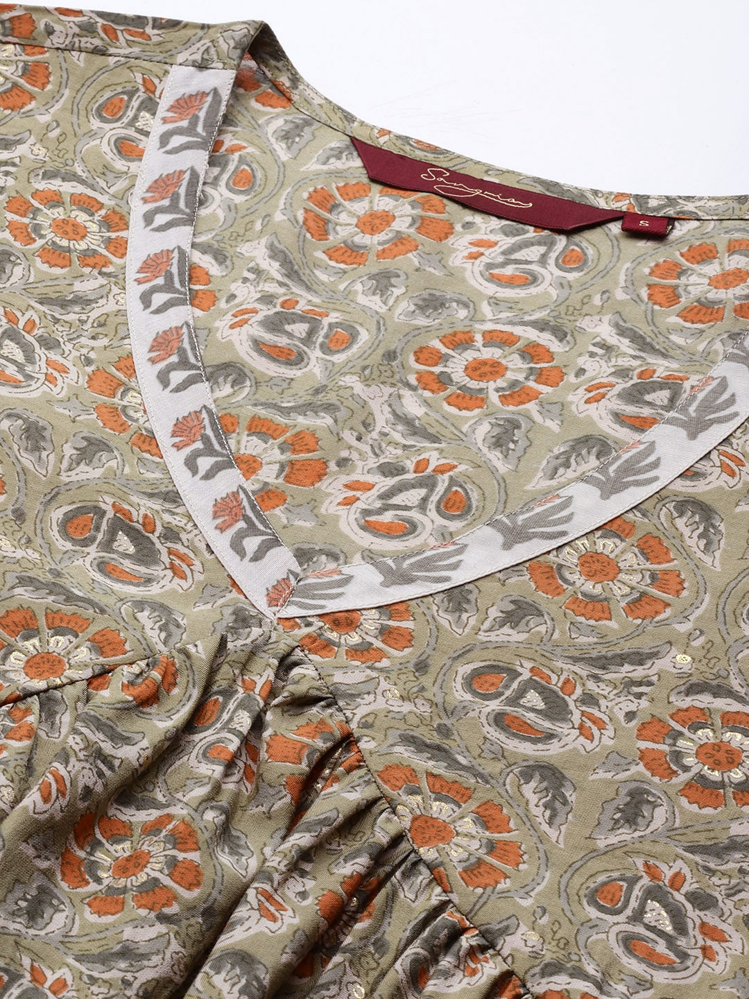 Sangria Women Olive Green Floral Printed Empire Kurta with Trousers - Distacart