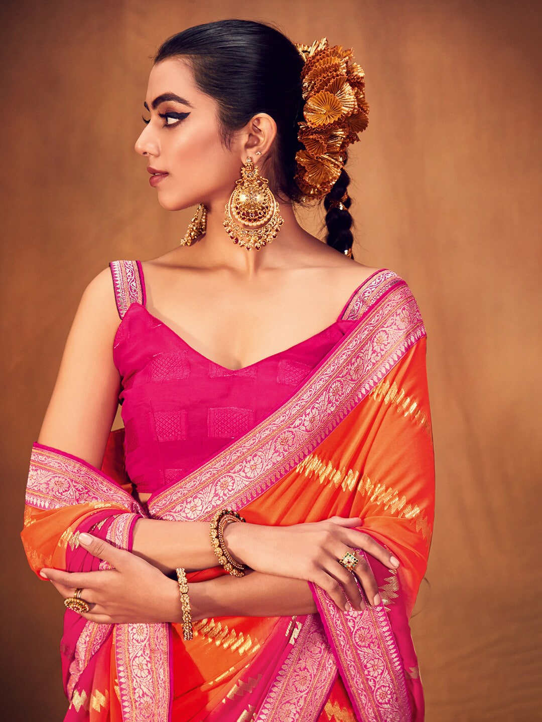 Saree Mall Striped Woven Design Zari Pure Georgette Sarees - Distacart