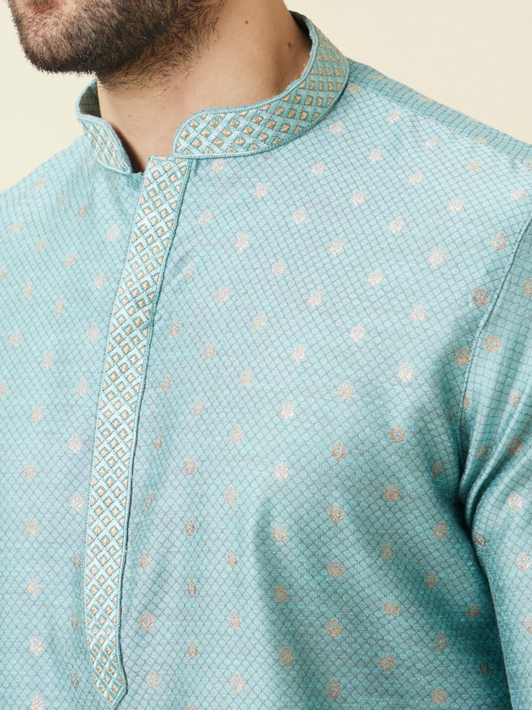Manyavar Mandarin Collar Woven Design Thread Work Kurta with Pyjamas - Distacart