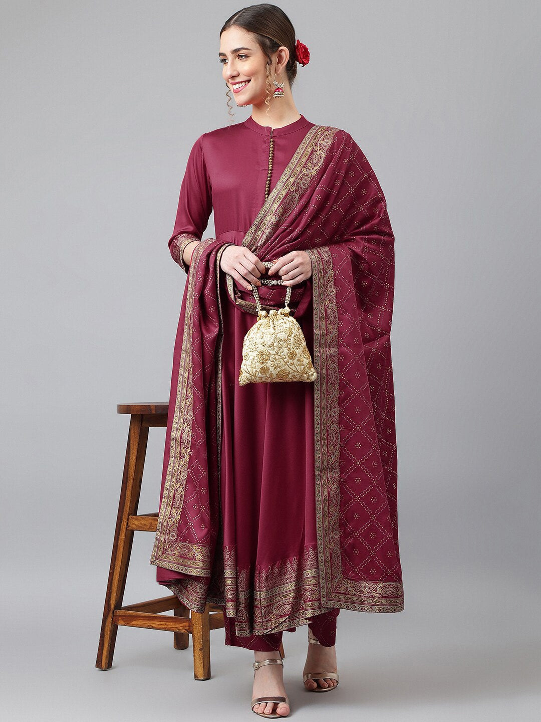 Khushal K Women Maroon Ethnic Motifs Kurta with Churidar & With Dupatta - Distacart