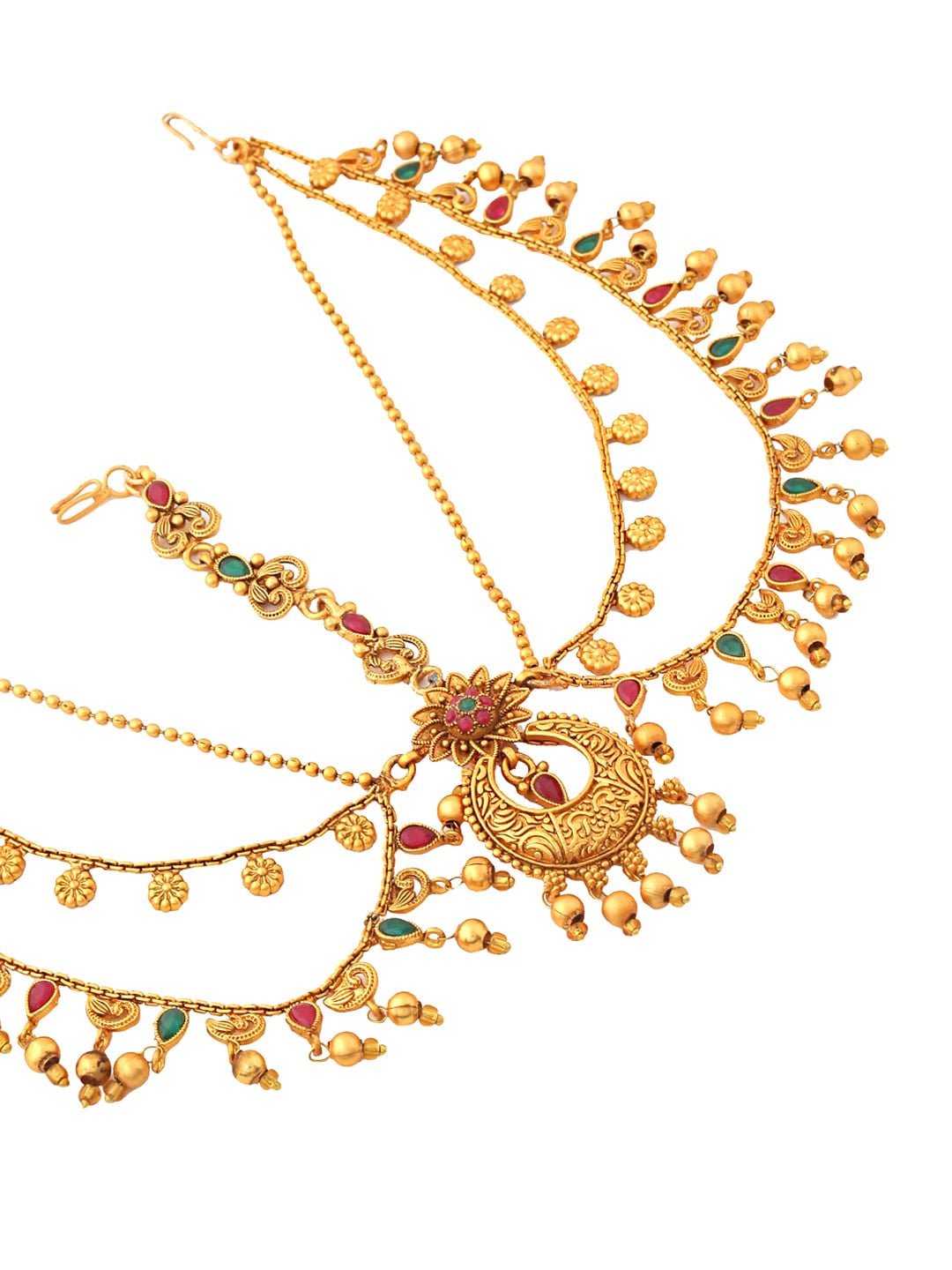 Yellow Chimes Gold-Plated Red & Green Stone-Studded Layered Bridal Maatha Patti - Distacart