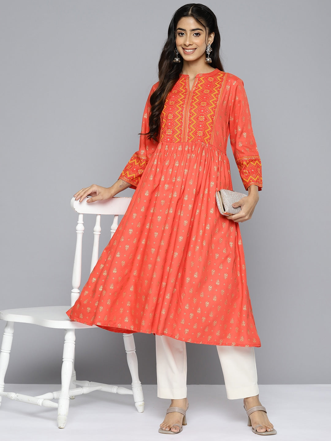 HERE&NOW Women Orange Ethnic Motifs Printed Kurta - Distacart