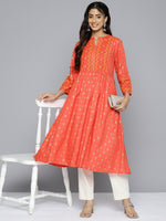 Thumbnail for HERE&NOW Women Orange Ethnic Motifs Printed Kurta - Distacart
