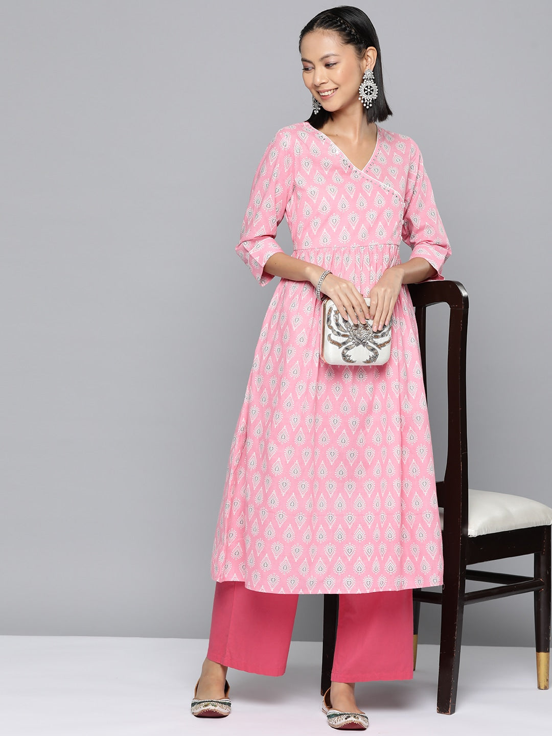 HERE&NOW Ethnic Motifs Printed Sequined Detail Angrakha Kurta - Distacart