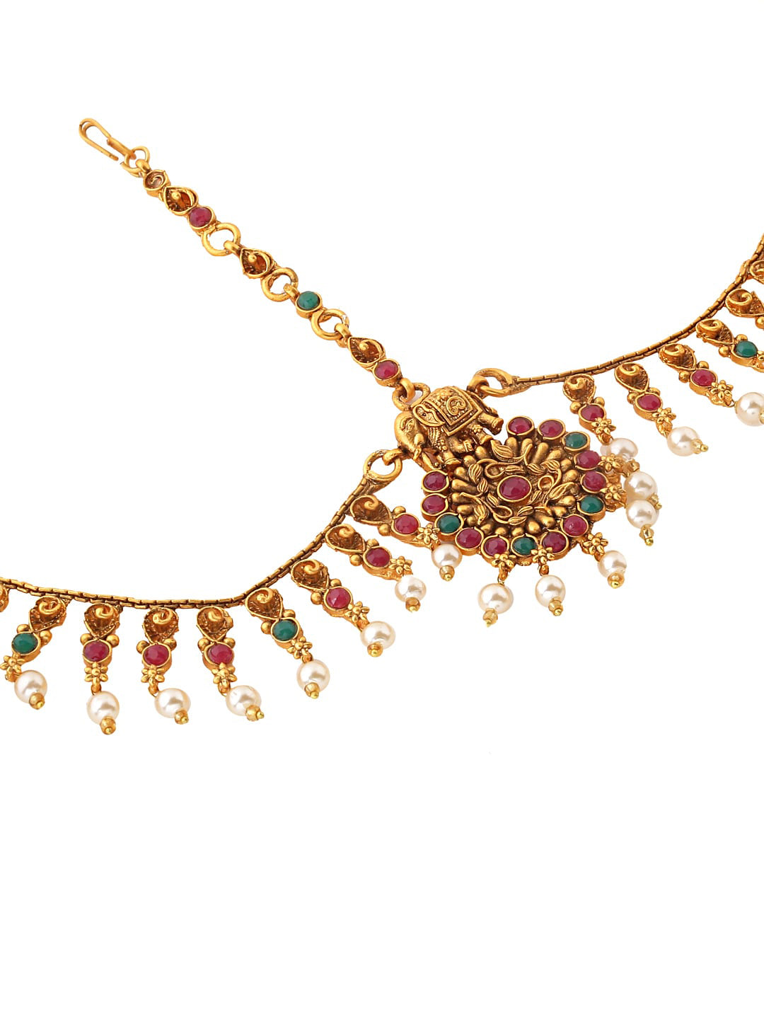 Yellow Chimes Women Gold-Plated, Maroon, Green White Pearl Hanging Bridal Mathapatti - Distacart