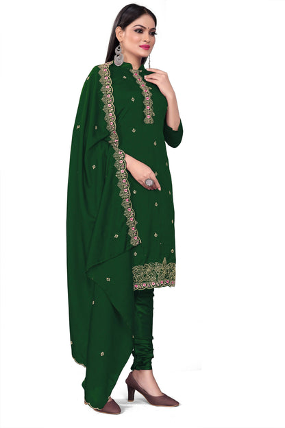 Green Silk Embroidered with Sequins work Unstitched Dress Material - Tanvi - Distacart