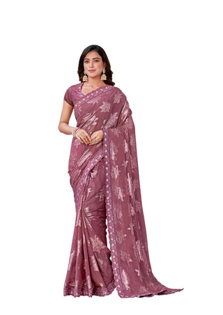 Dusty Pink Georgette Zari Jacquard Embroidered Border With Mirror Work Saree With Unstitched Blouse Piece - Norita Zaina - Distacart