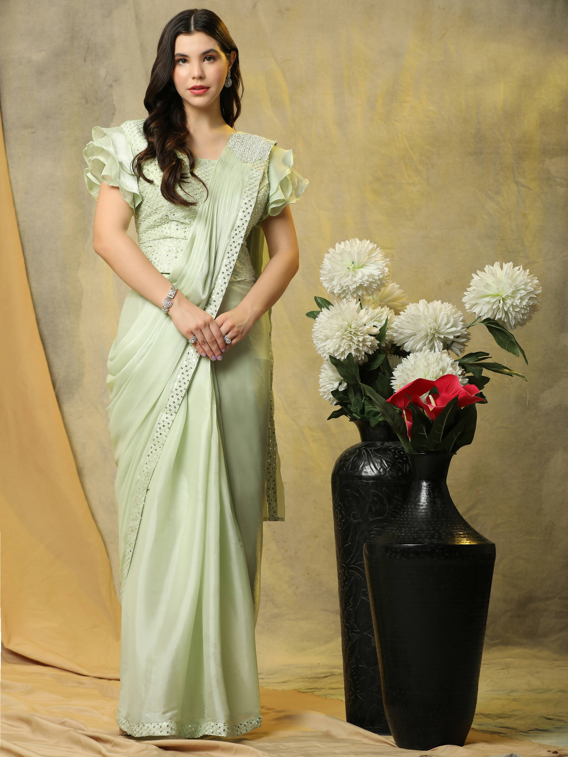 Light Green Silk Satin Sequence Work Ready to Wear Saree with stitched Blouse - Nirvana - Distacart