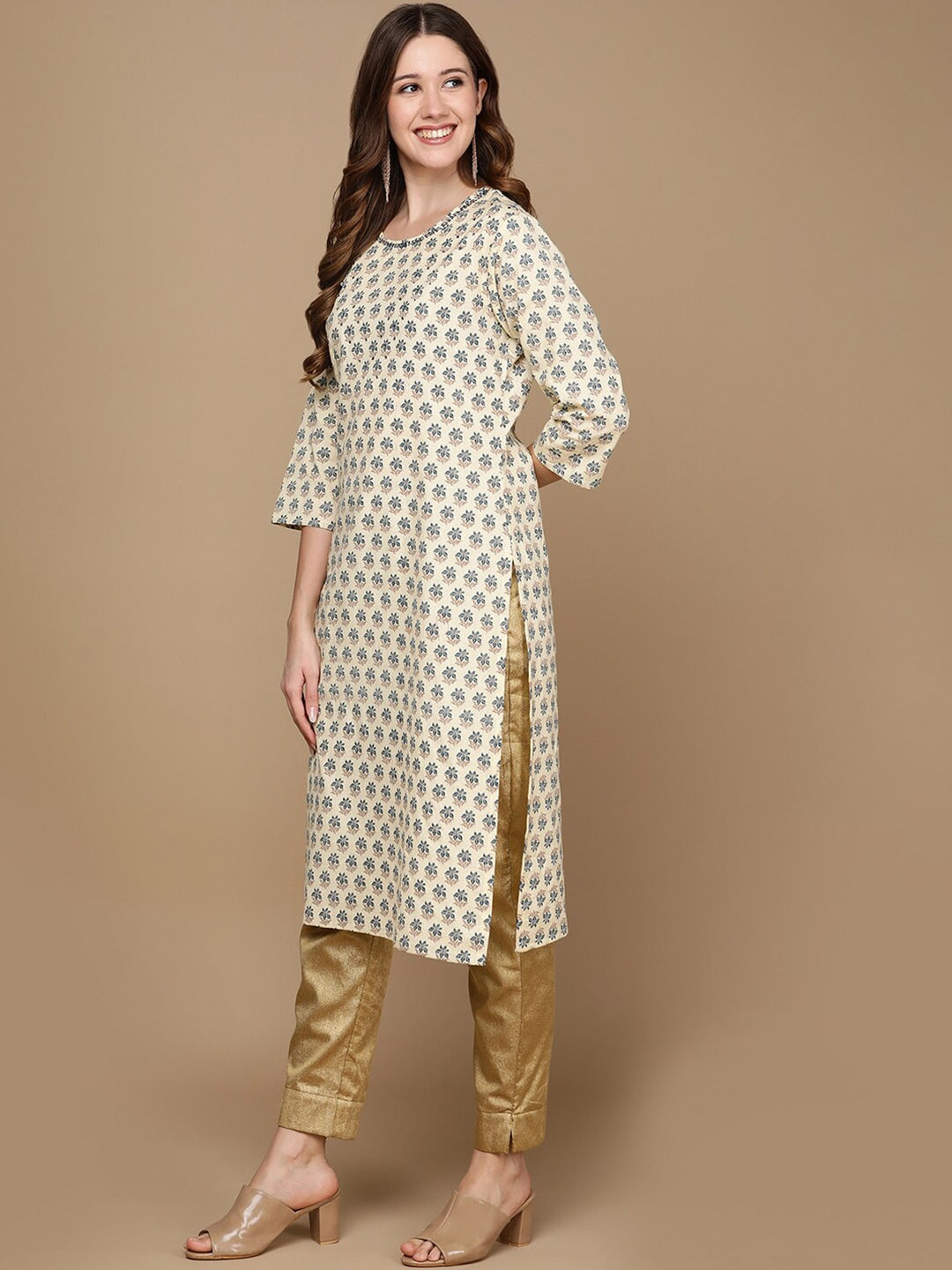 HERE&NOW Cream-Color & Teal Ethnic Motifs Printed Sequined Cotton Kurta - Distacart