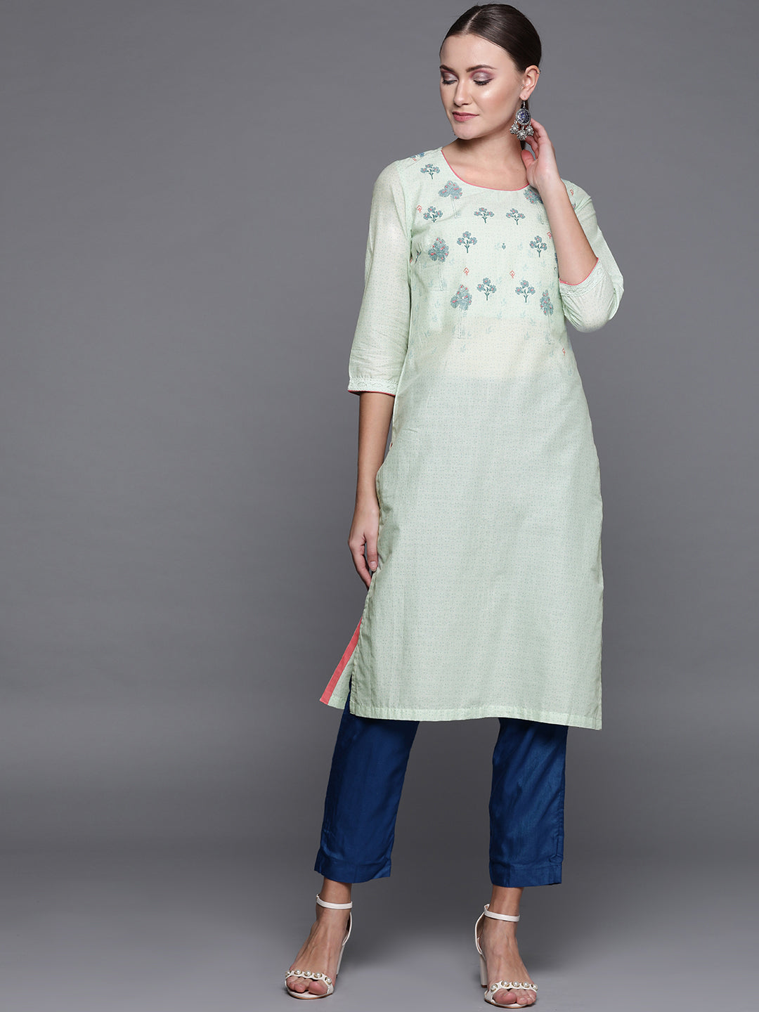 Biba Women Green & Blue Printed Straight Kurta - Distacart