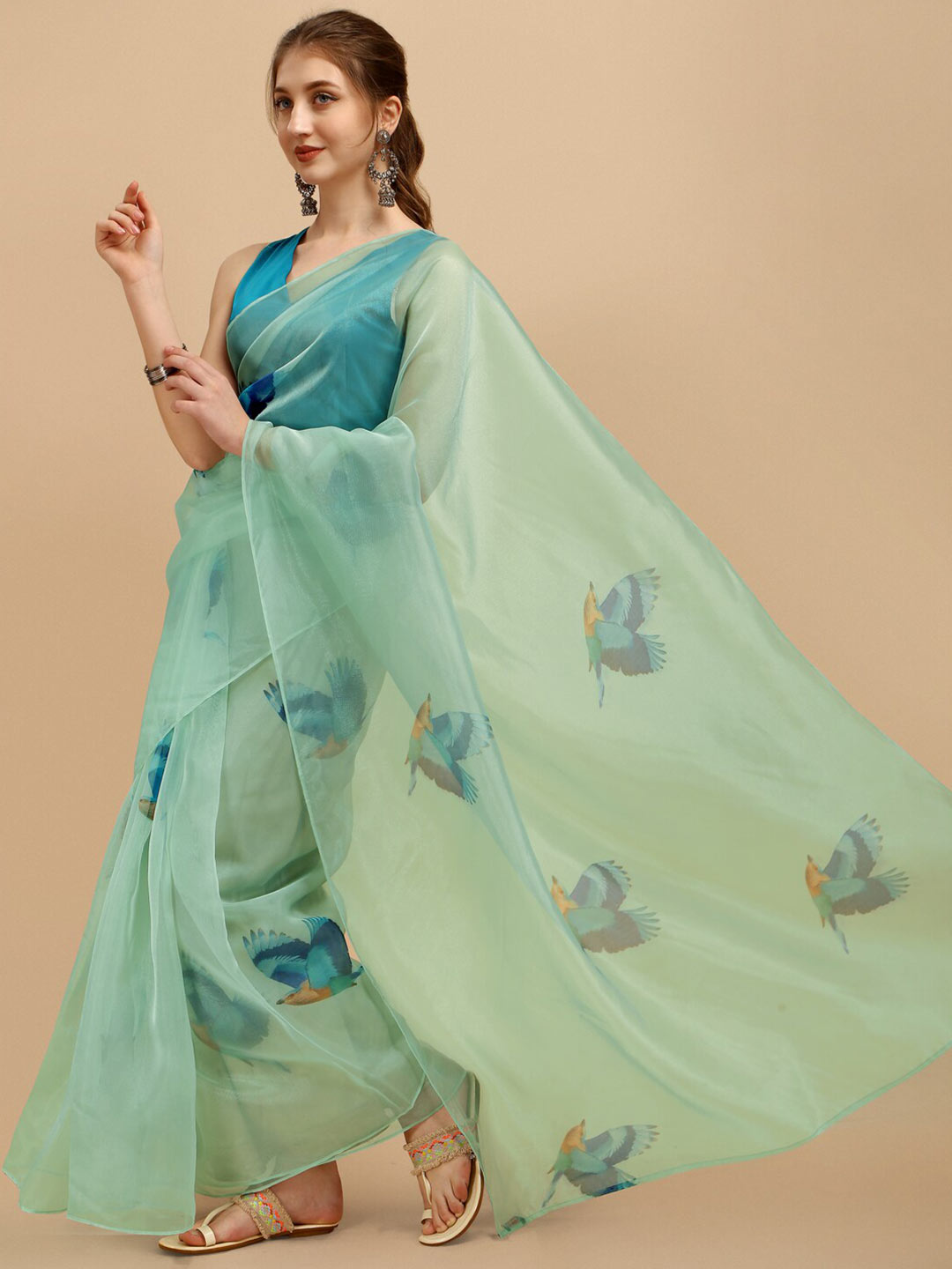 Sangria Sea Green & Blue Organza Saree - Distacart