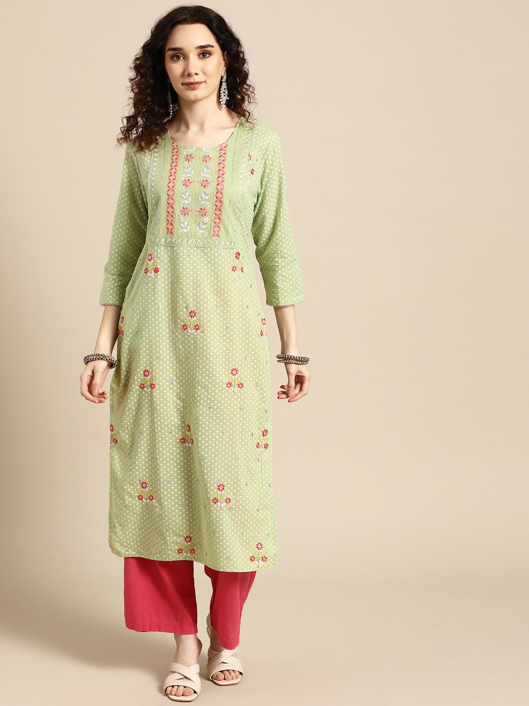 Sangria Women Green Floral Printed Thread Work Floral Kurta - Distacart