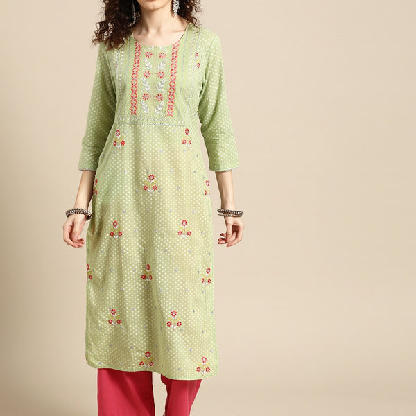 Sangria Women Green Floral Printed Thread Work Floral Kurta - Distacart