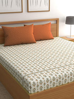 Thumbnail for CHHAVI INDIA Cream-Coloured & Orange Floral Ultra Soft 210 TC Bedsheet with Pillow Covers - Distacart