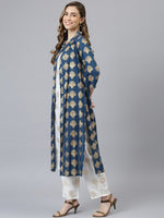 Thumbnail for Khushal K Women Blue Ethnic Motifs Printed Kurta & Palazzos with Jacket - Distacart