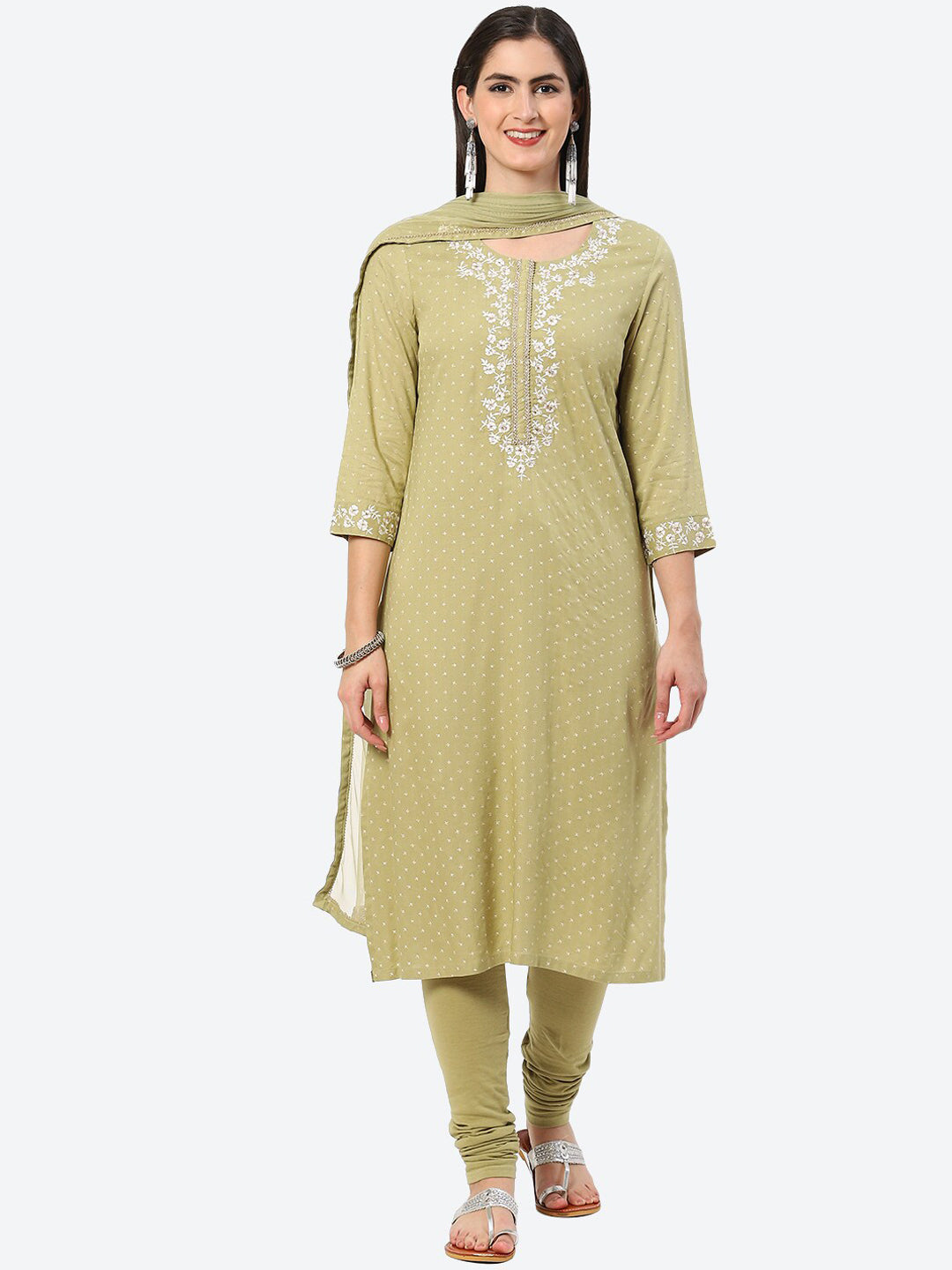 Biba Floral Embroidered Gotta Patti Kurta with Churidar & Dupatta - Distacart