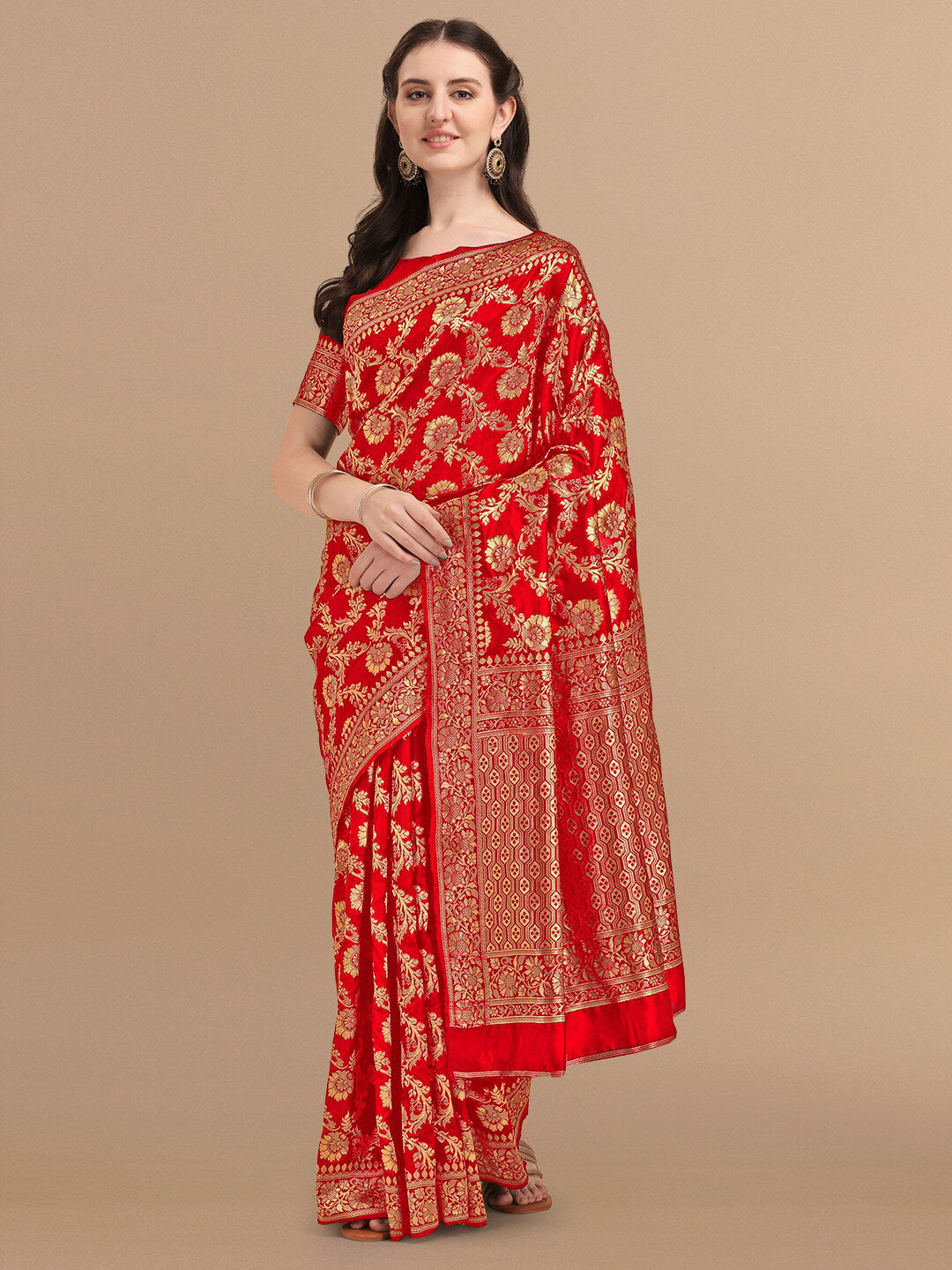 Kalini Red & Golden Floral Zari Silk Blend Banarasi Saree - Distacart