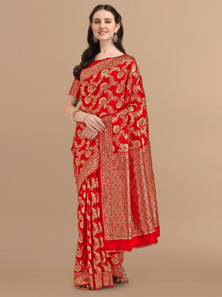 Kalini Red & Golden Floral Zari Silk Blend Banarasi Saree - Distacart