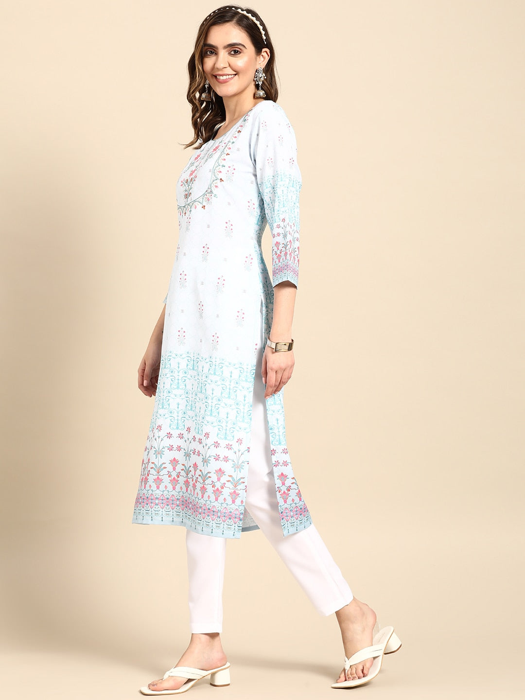 Sangria Women Turquoise Blue Floral Embroidered Kurta - Distacart