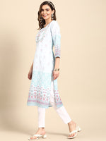 Thumbnail for Sangria Women Turquoise Blue Floral Embroidered Kurta - Distacart