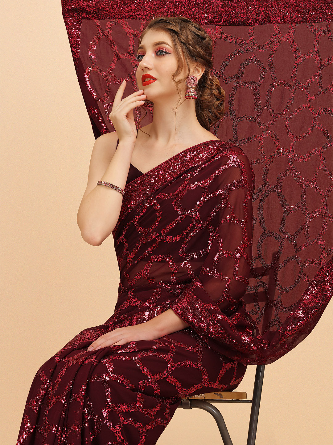 Sangria Burgundy Sequinned Pure Georgette Heavy Work Saree - Distacart