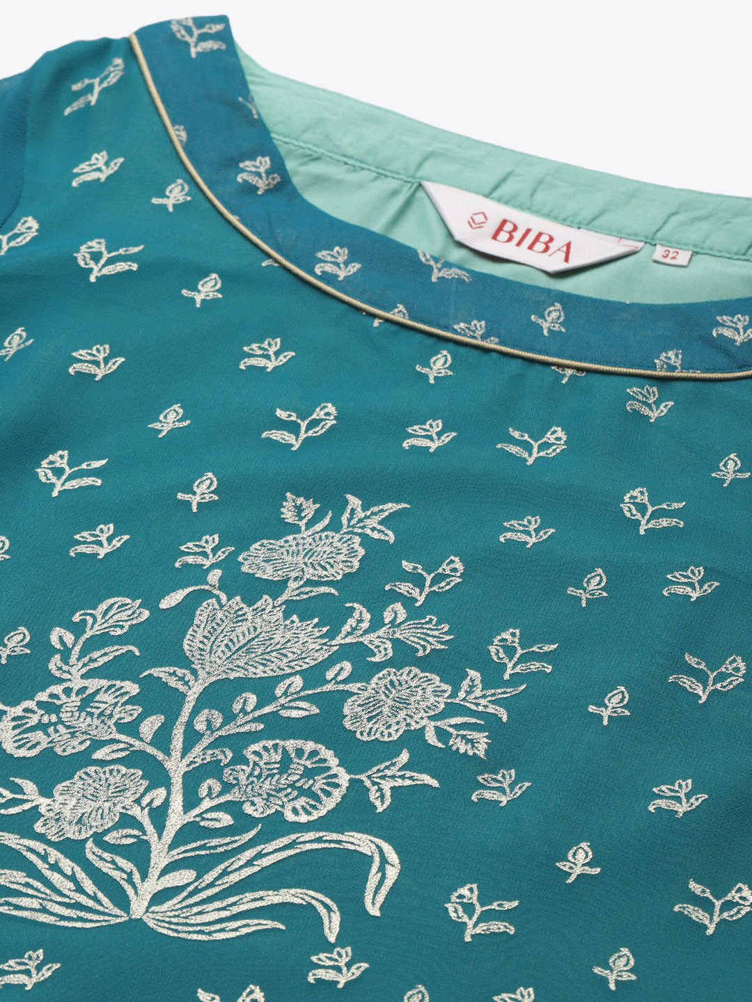 Biba Women Teal Blue & Golden Printed Straight Layered Kurta - Distacart