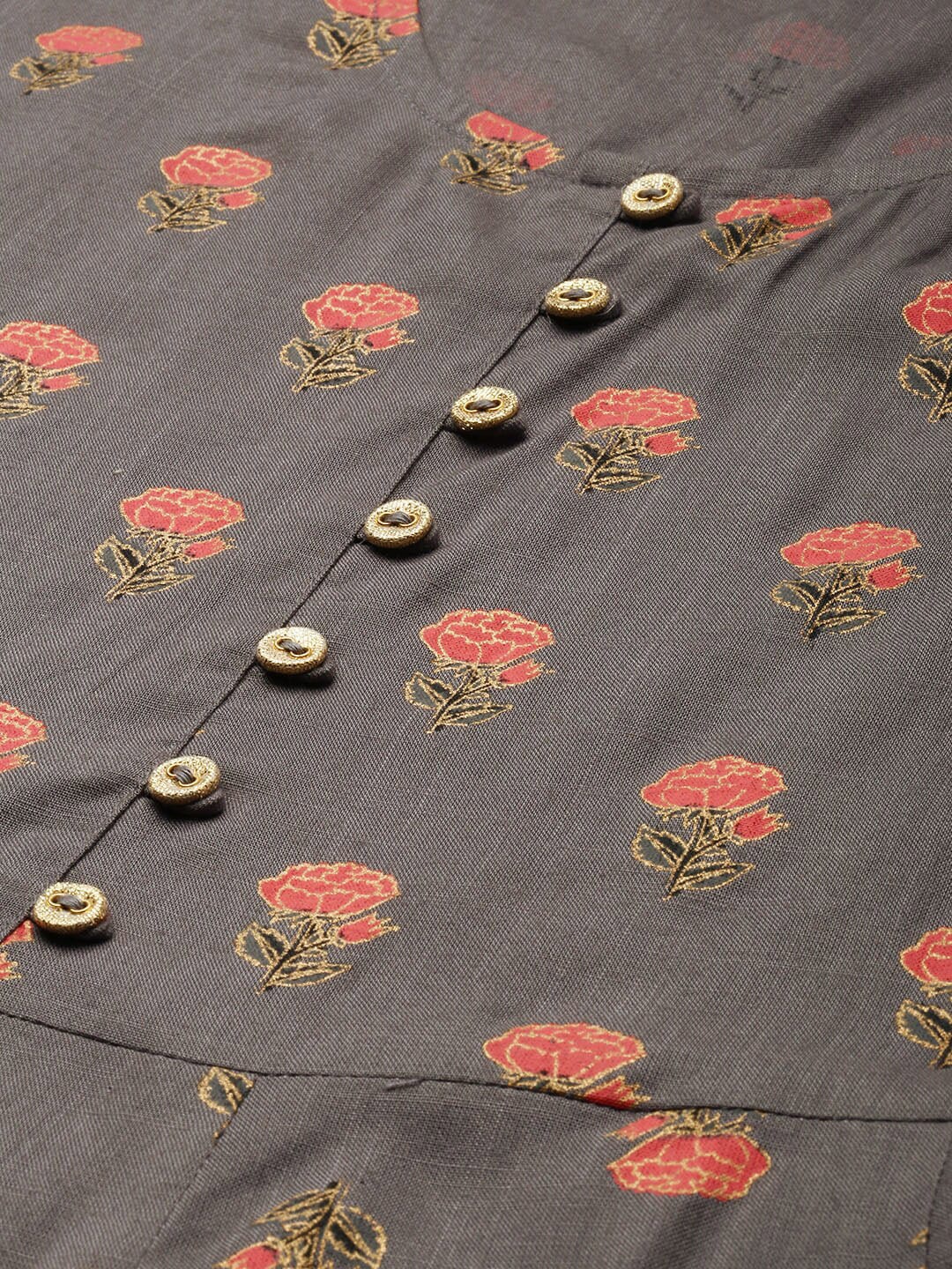 HERE&NOW Women Grey & Peach-Colored Floral Printed Kurta With Sharara With Dupatta - Distacart