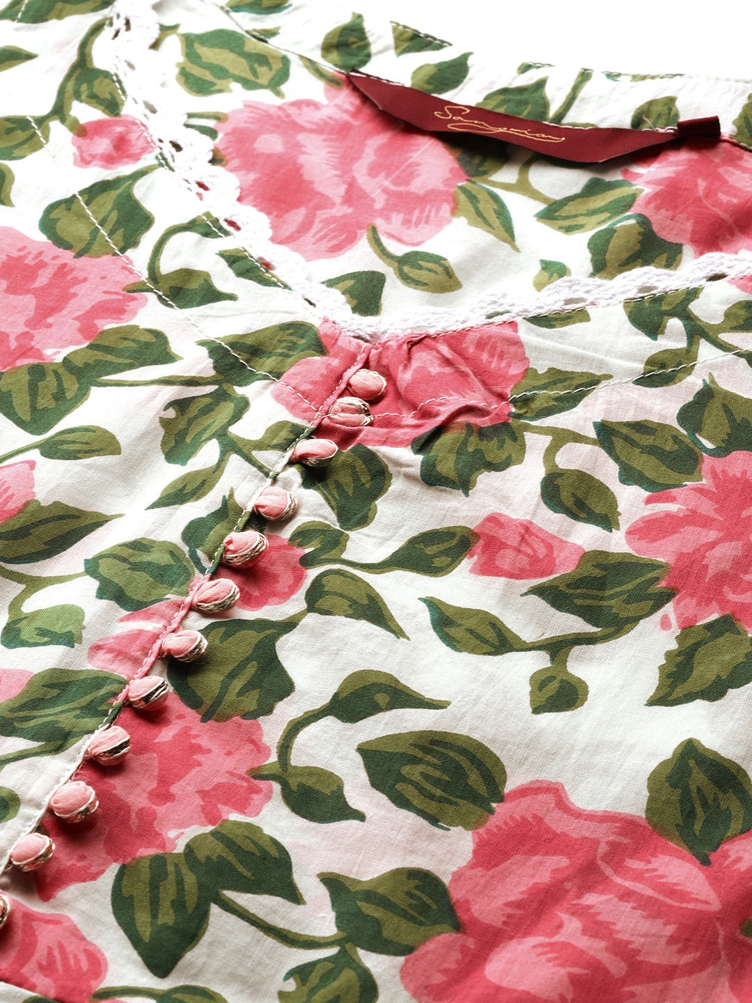 Sangria Women Pink Floral Printed Lace Inserts Pure Cotton Kurta with Sharara & Dupatta - Distacart