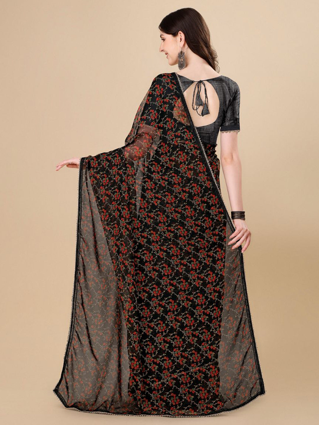 Sangria Black Floral Printed Gotta Patti Detail Pure Chiffon Saree - Distacart