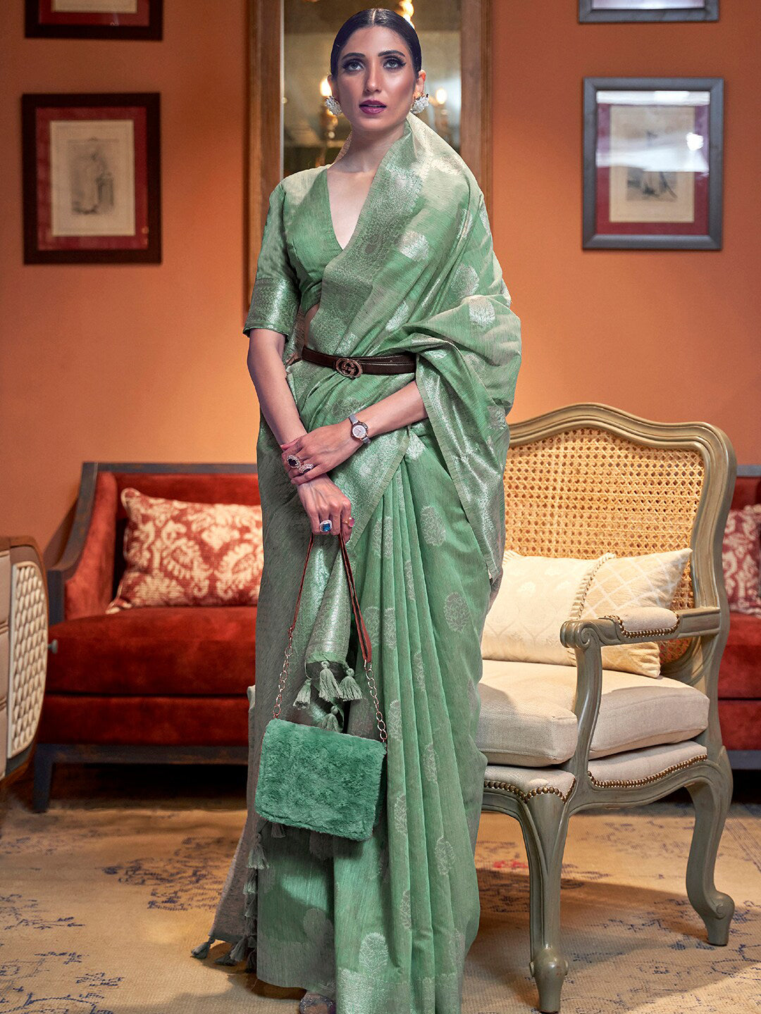 Mitera Women Green Floral Zari Pure LinenWoven Design Festive Saree With Matching Blouse - Distacart