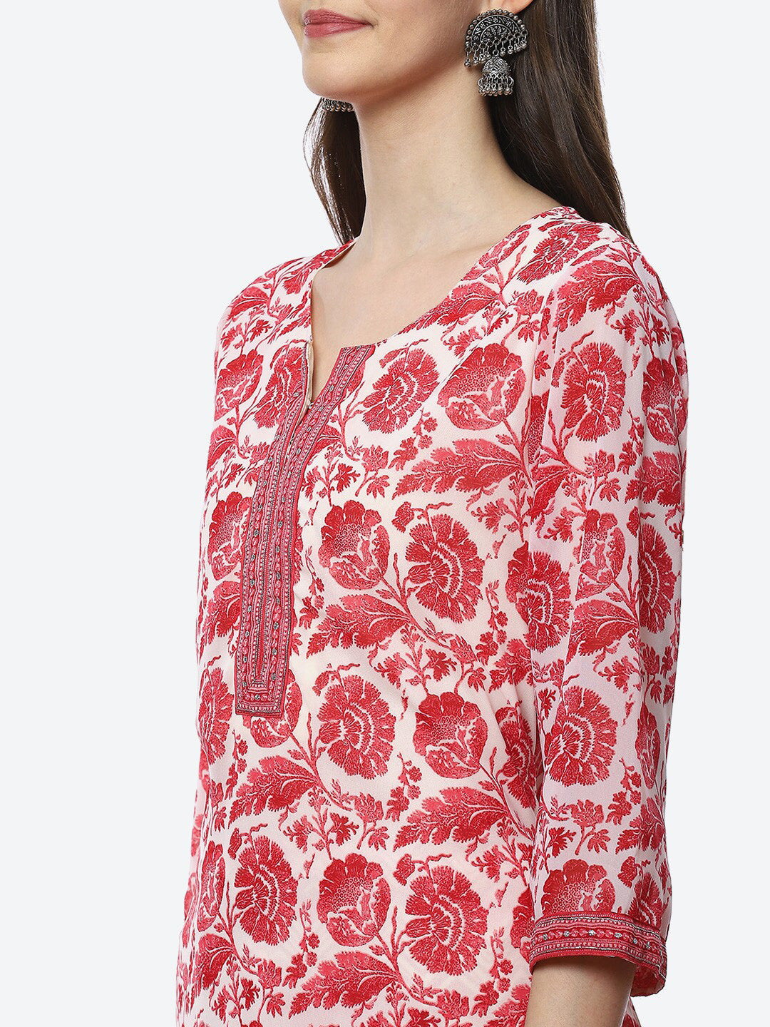 Biba Women Red Floral Printed Kurta with Trousers & With Dupatta - Distacart