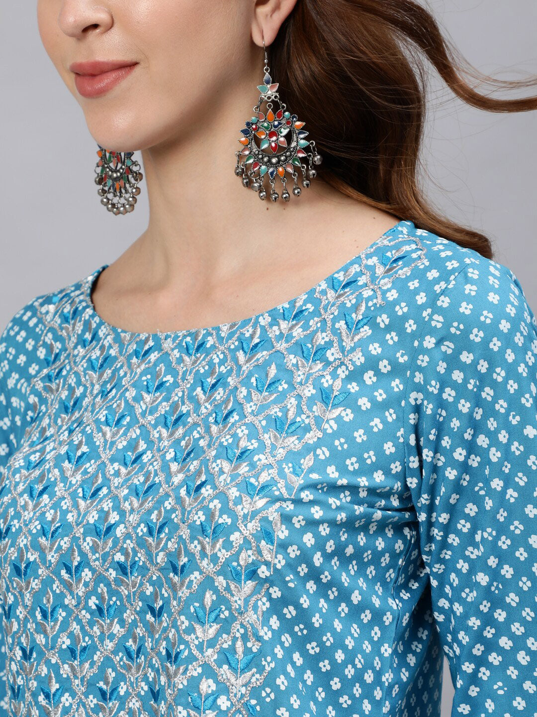 Jaipur Kurti Women Blue & White Floral Printed Kurta - Distacart