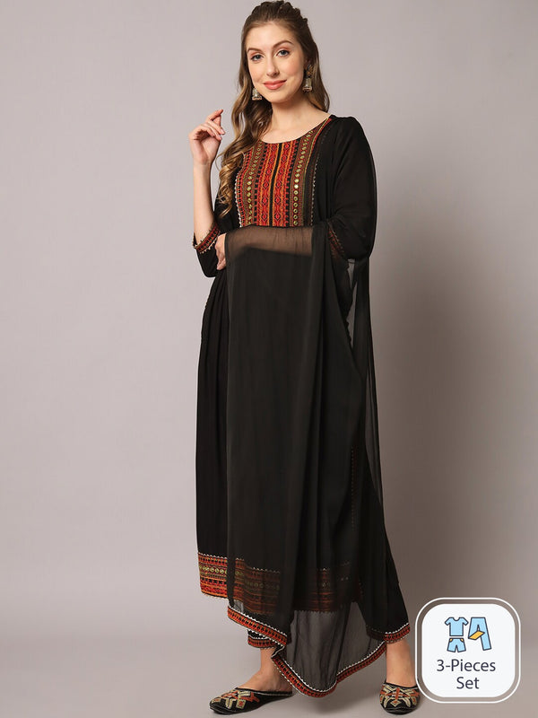 Kalini Ethnic Motifs Yoke Design Mirror Work Pleated Kurta & Trousers With Dupatta - Distacart