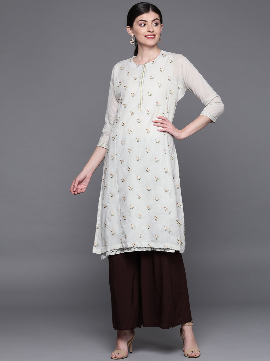 Biba Women Grey & Beige Floral Embroidered A-lIne Layered Kurta - Distacart