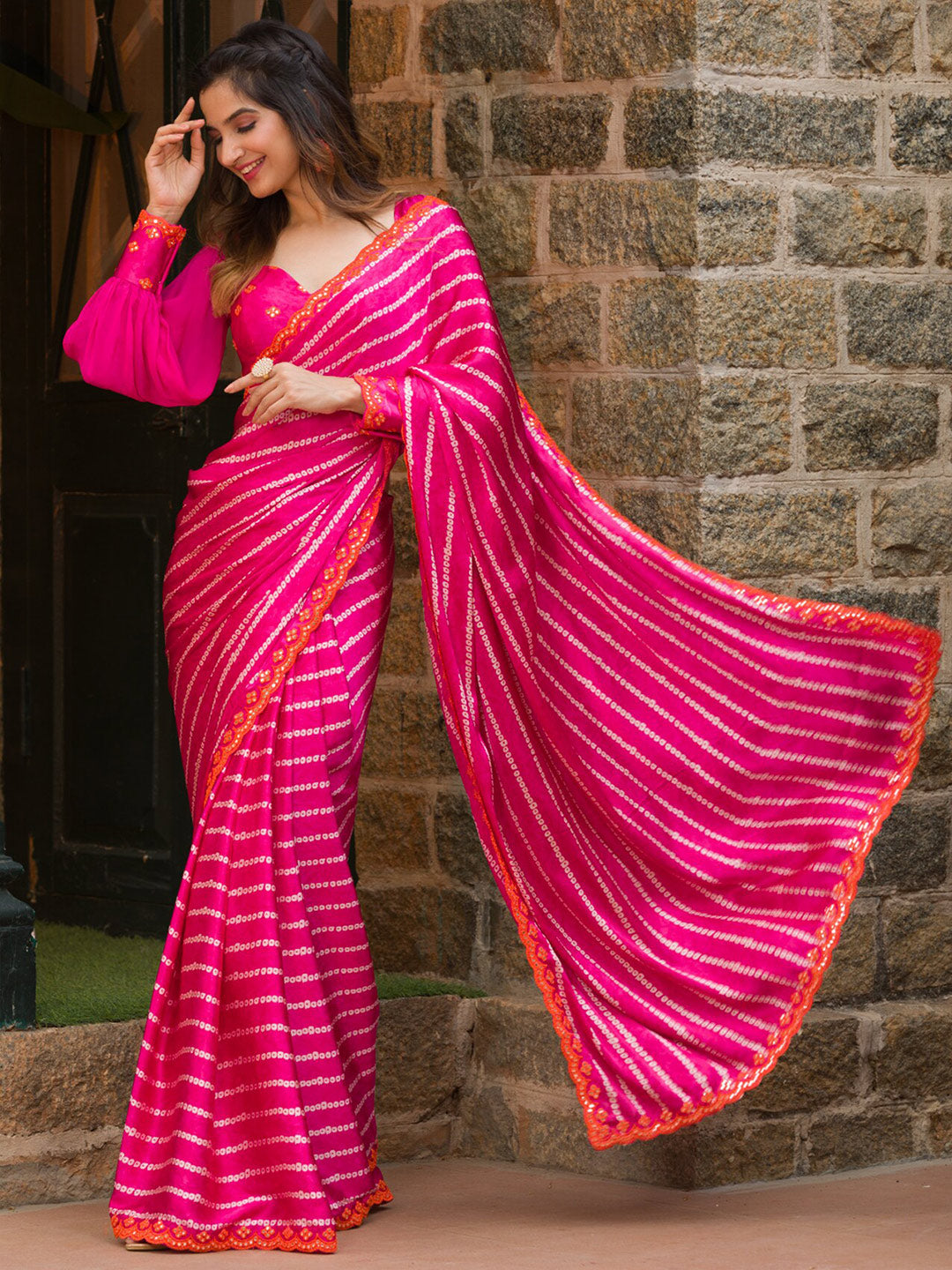 Koskii Mirror Work Embroidered Satin Bandhani Saree - Distacart