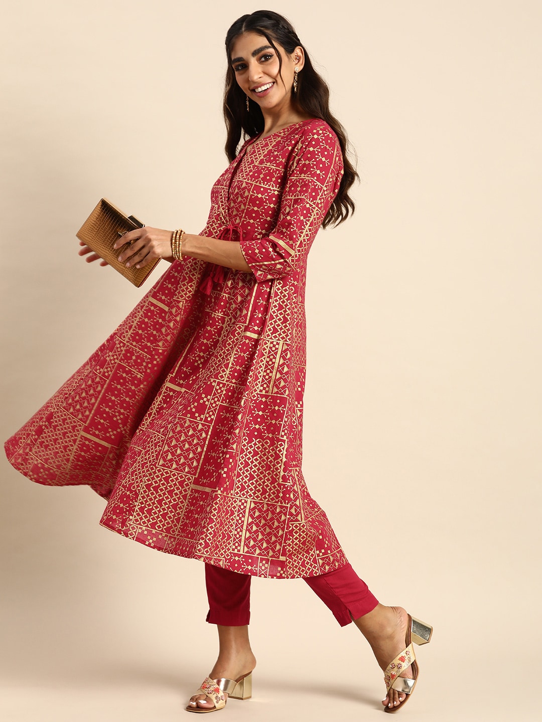 Sangria Women Ethnic Motifs Printed Angrakha Pure Cotton Kurta with Trousers - Distacart
