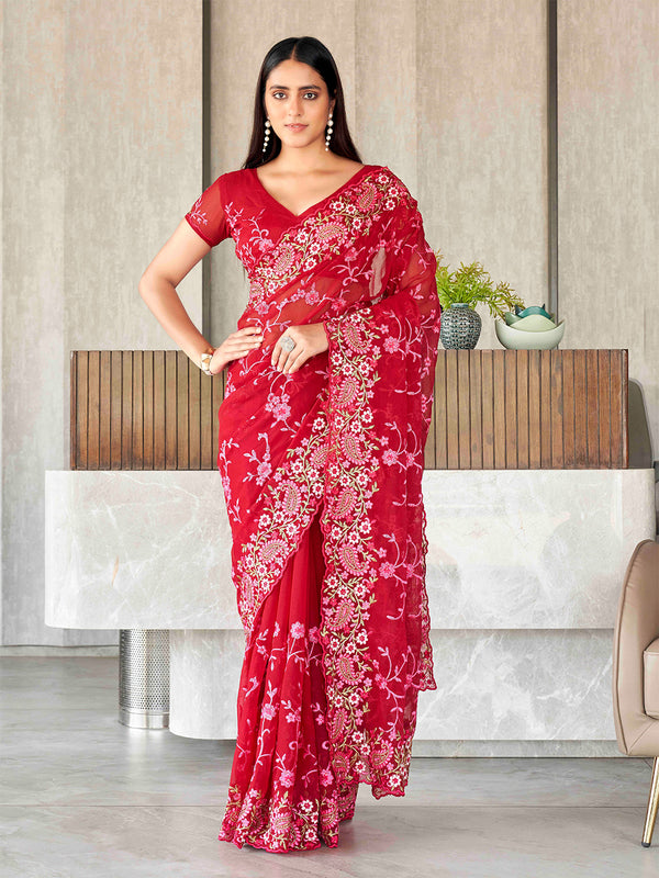 Tikhi Imli Floral Embroidered Chiffon Heavy Work Saree - Distacart