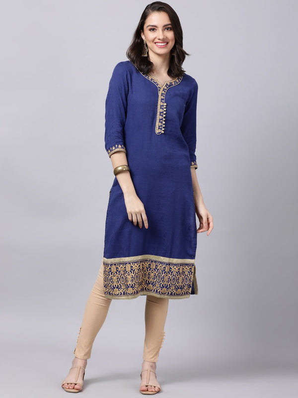 Souchii Women Blue Yoke Design Thread Work Grandeur & Majestic Artwork Kurta - Distacart