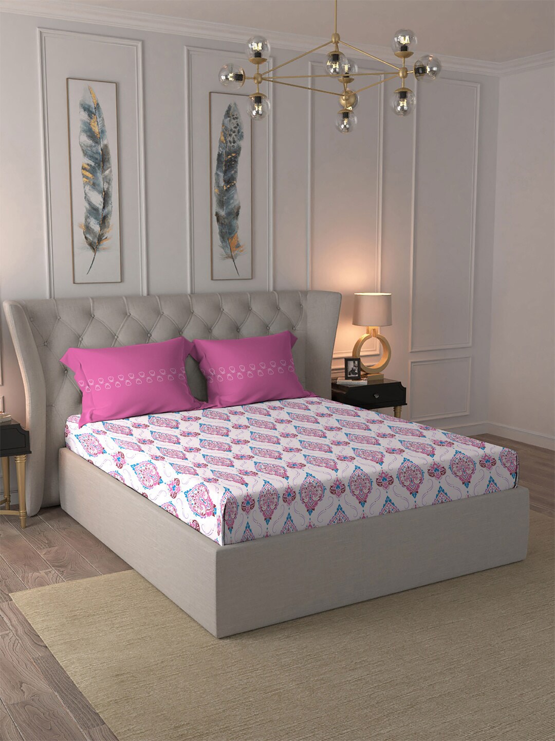 MYTRIDENT Moments Pink White Ethnic Pure Cotton 120 TC Queen Bedsheet Pillow Covers - Distacart