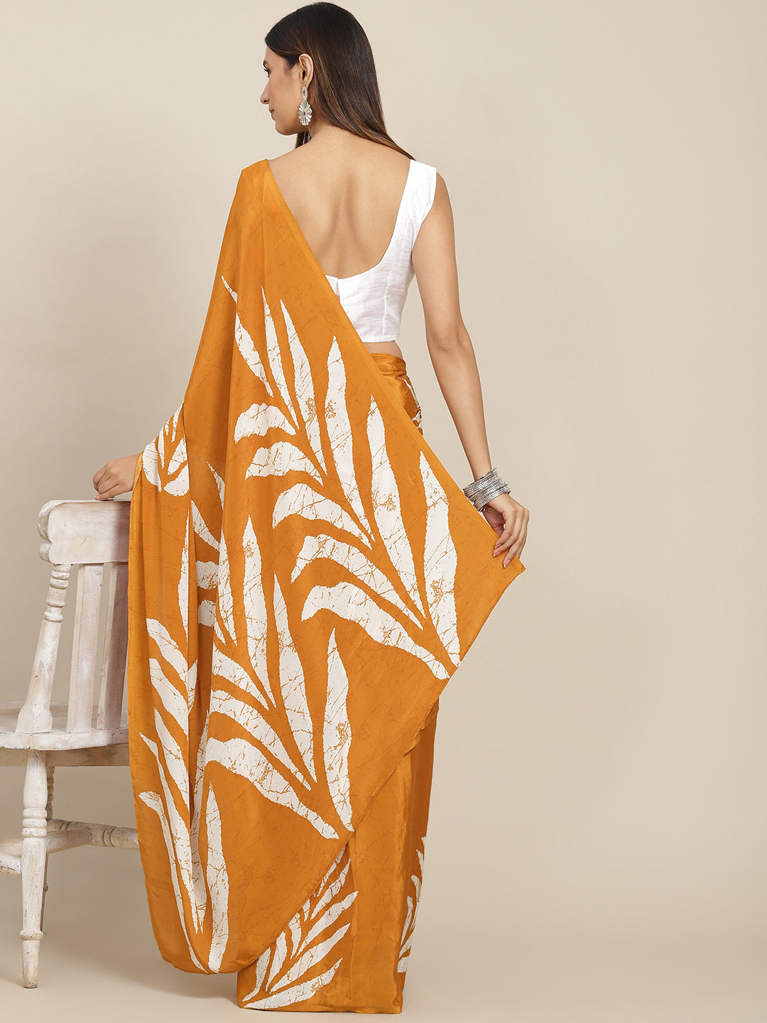 Tikhi Imli Mustard & White Floral Print Satin Saree - Distacart