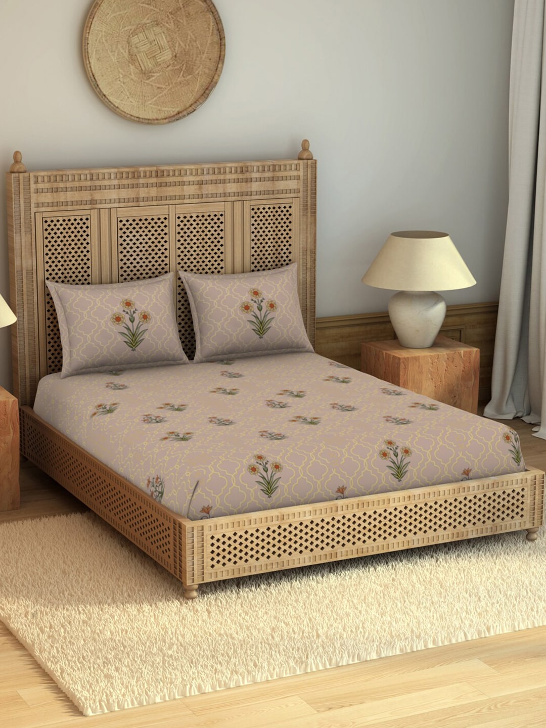 SPACES Pink & Green Ethnic Motifs Cotton 210 TC King Bedsheet With 2 Pillow Covers - Distacart