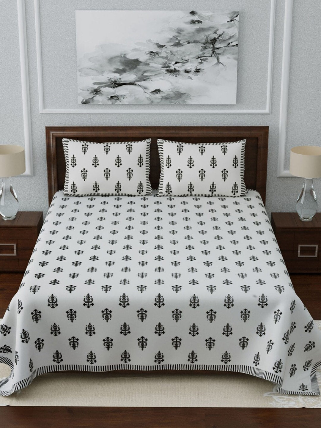 LIVING ROOTS White & Grey Ethnic Motifs 210 TC King Bedsheet with 2 Pillow Covers - Distacart