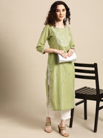 Thumbnail for Sangria Women Olive Green Floral Yoke Design Thread Work Pastels Kurta - Distacart